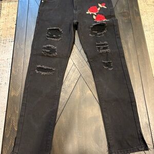 Black Distressed Jeans with Red Rose Embroidery
